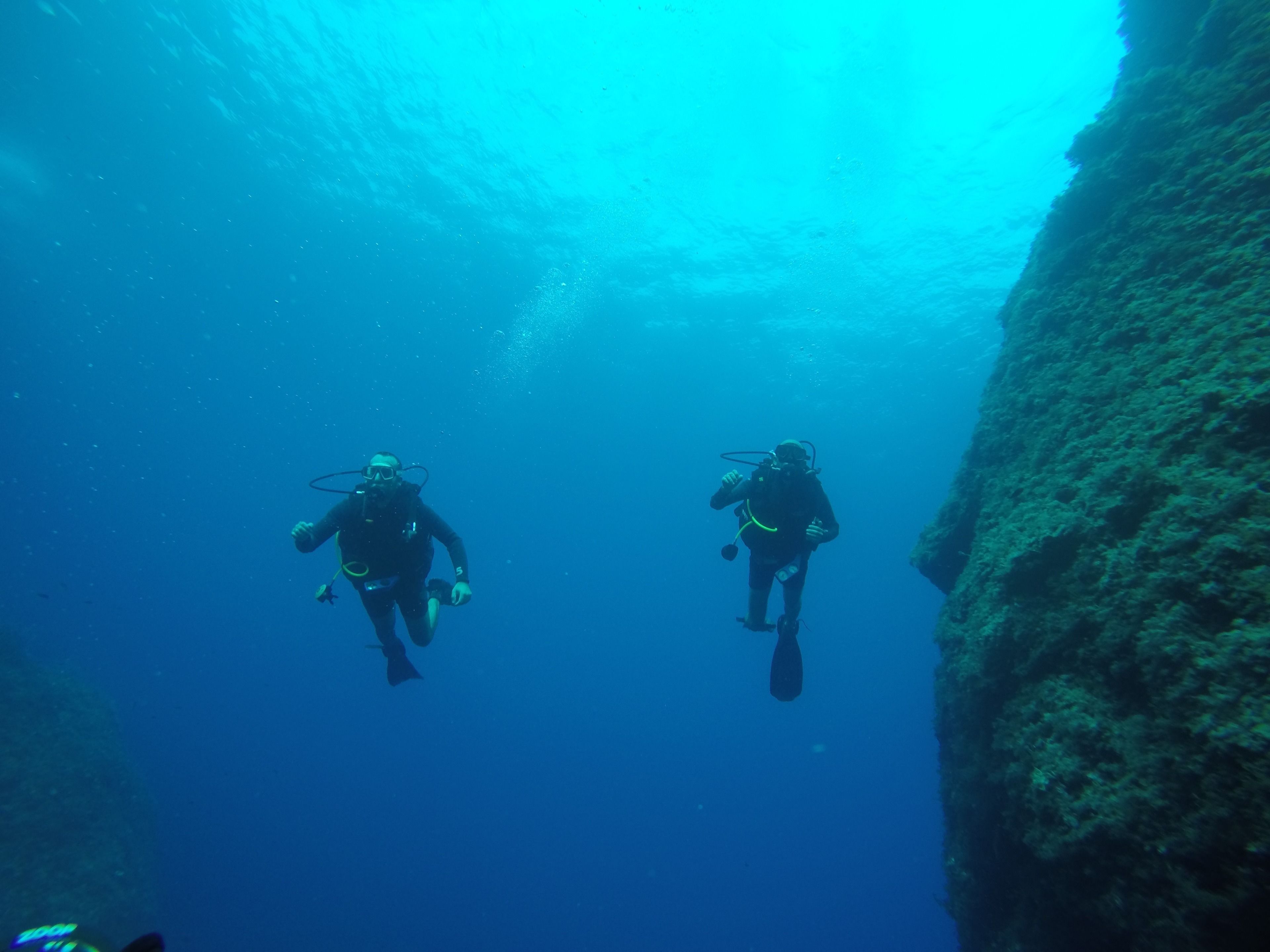 Two divers underwater in a clear blue environment with a rocky wall on the right.