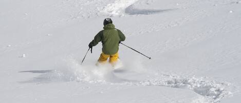A person skiing down a snowy slope.