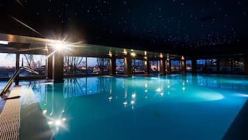 Indoor pool, open 10:00 AM to 8:00 PM, sun loungers
