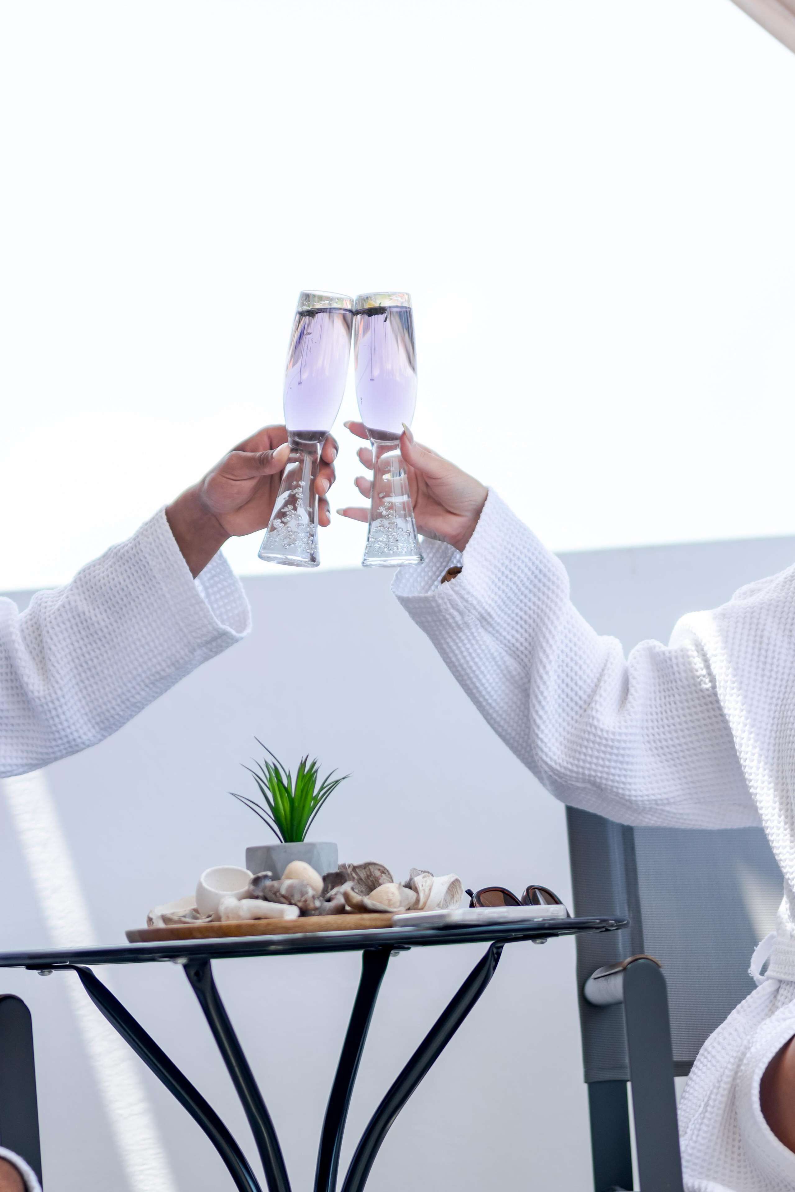 Dos personas brindando con vasos de agua, una mesa pequeña con una planta y una bandeja de bocadillos, y una silla.