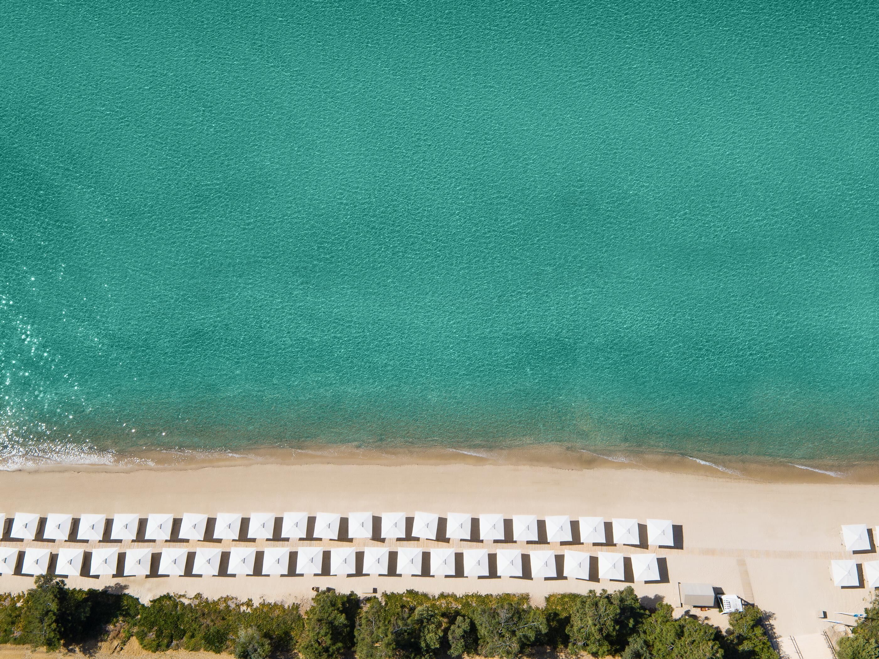 An aerial view of a beach with rows of white beach umbrellas and a sandy beach area.