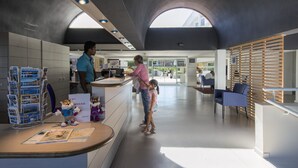 Un área de recepción moderna con techo curvo, una mesa de recepción y un espacio de espera con sillas azules.