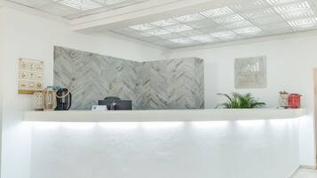 A reception desk with a herringbone-patterned wall, a framed sign with icons, and a plant on the right.