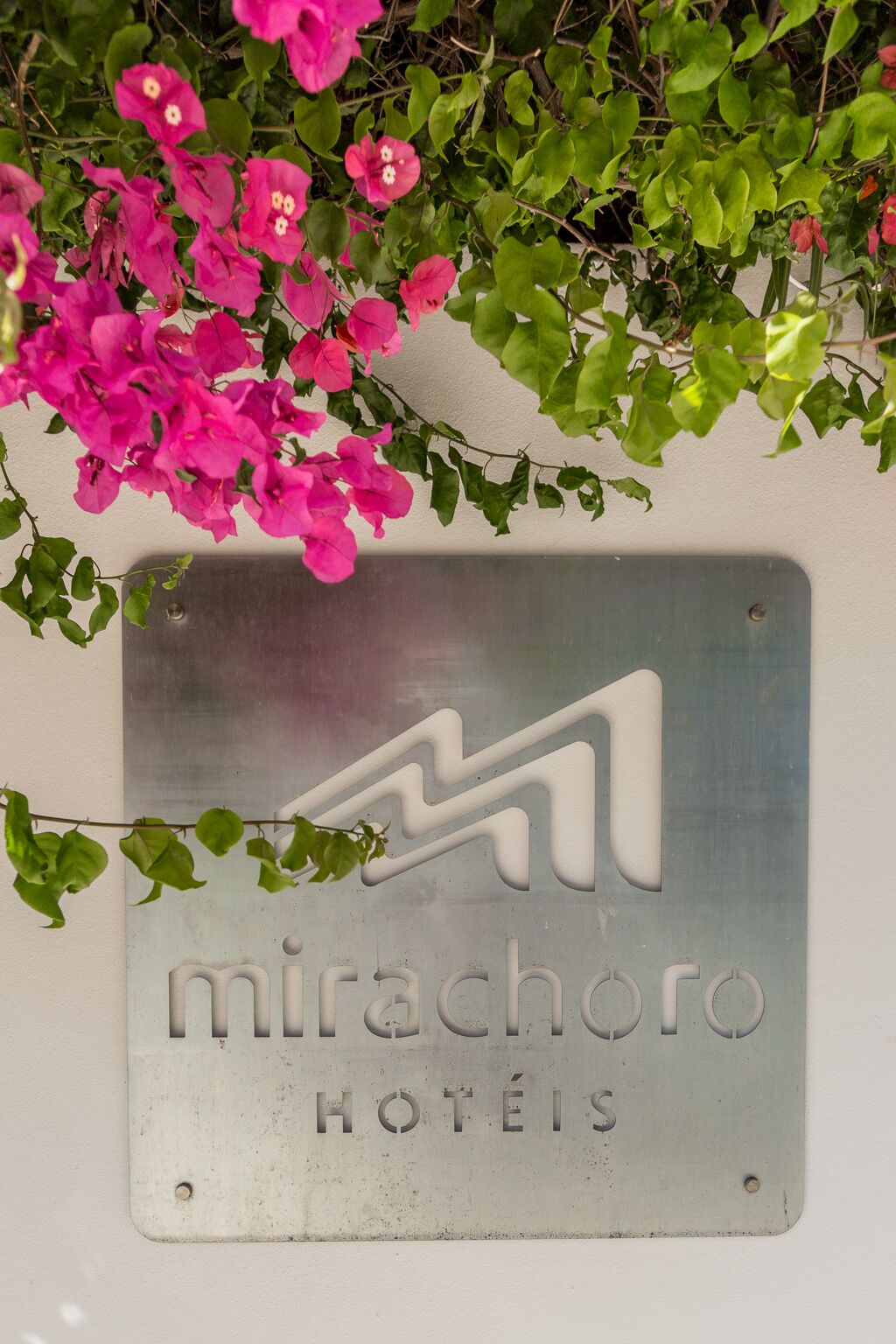 Ein Metallschild mit dem Schriftzug "mirachoro hotels" an einer Wand befestigt, umgeben von grünem Laub und rosa Blüten.