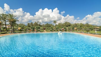 Relax by the pool surrounded by lush greenery and palm trees.