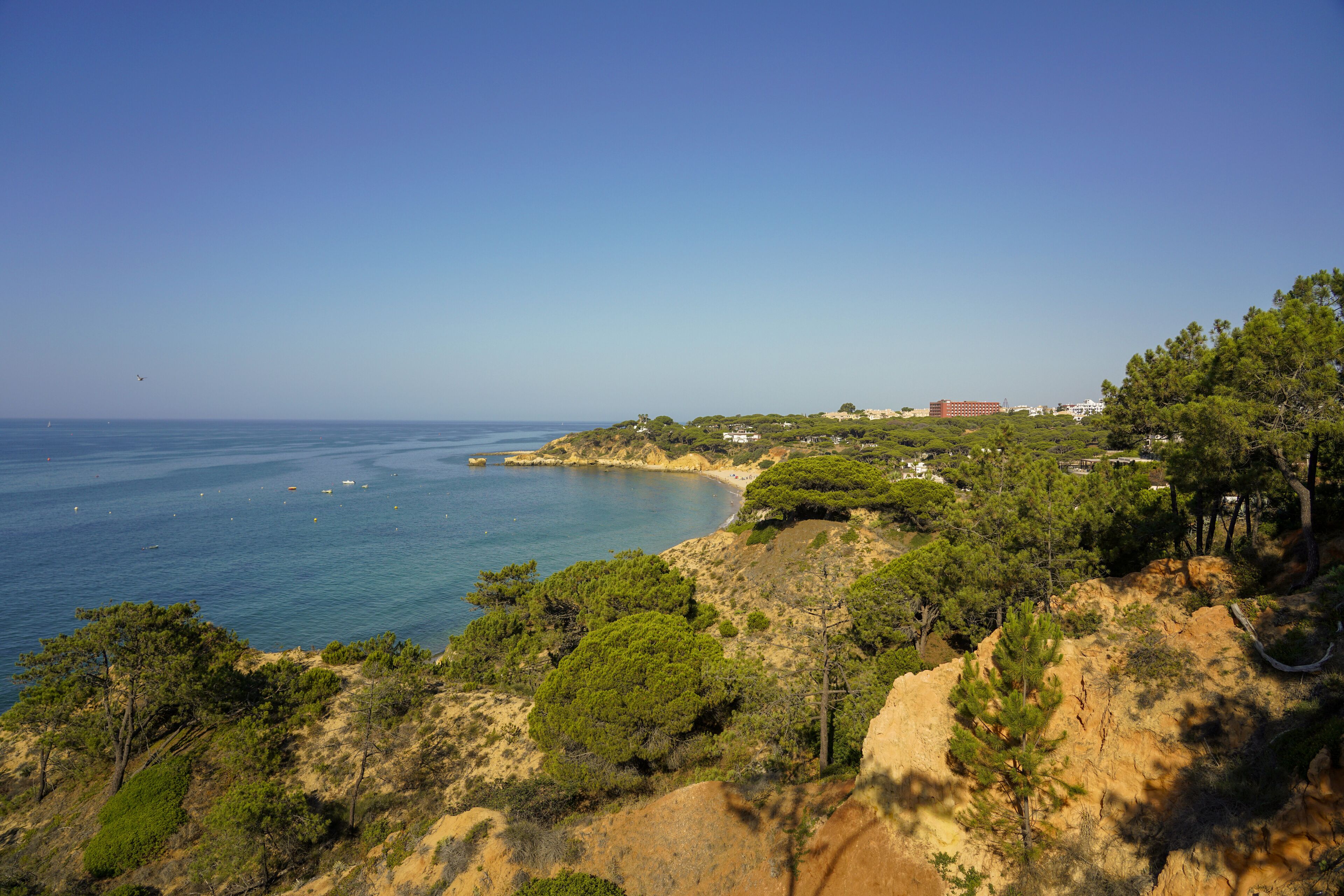 Un paisaje costero con vistas claras al mar, terreno rocoso y vegetación escasa.