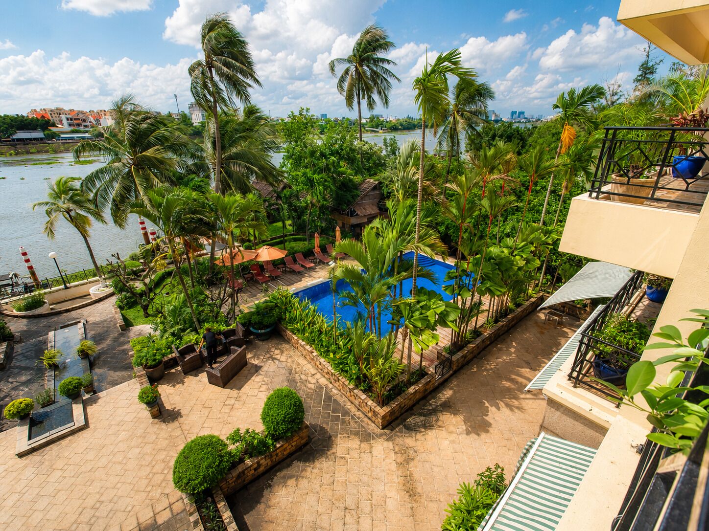A pool area with lounge chairs and palm trees, surrounded by greenery and a view of a body of water.