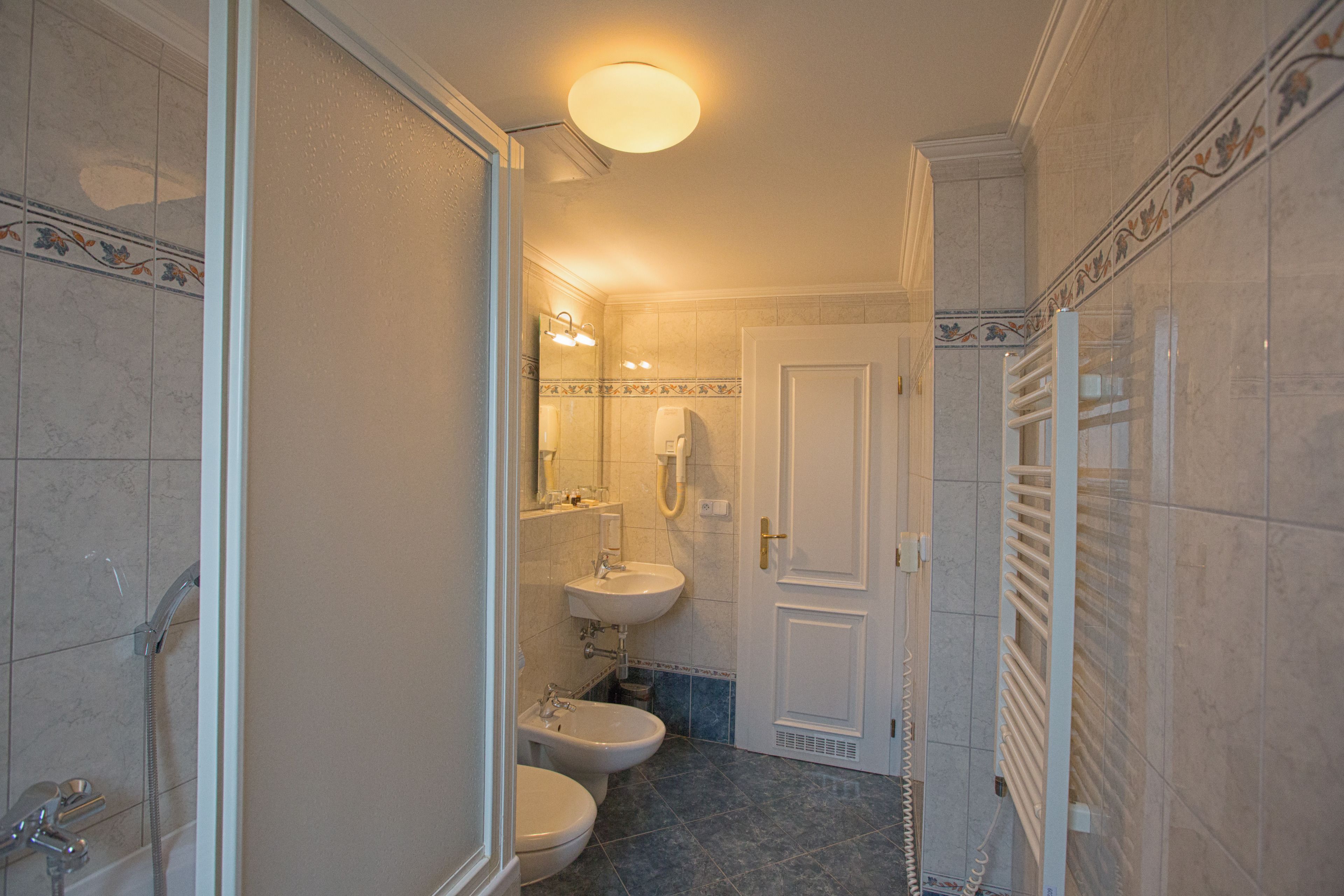 free toiletries, hair dryer, bidet, towels