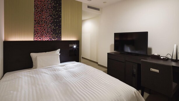 Una habitación de hotel con una cama, un televisor sobre una cómoda y una pared con diseño decorativo.