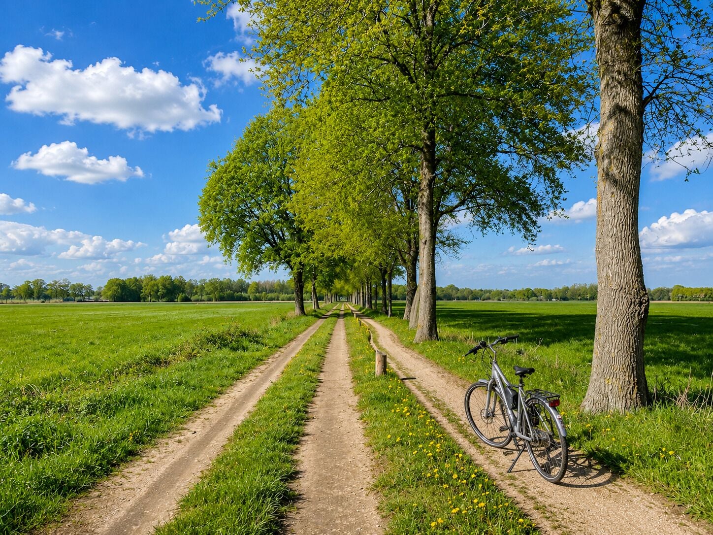 A dirt path flanked by trees and open fields.