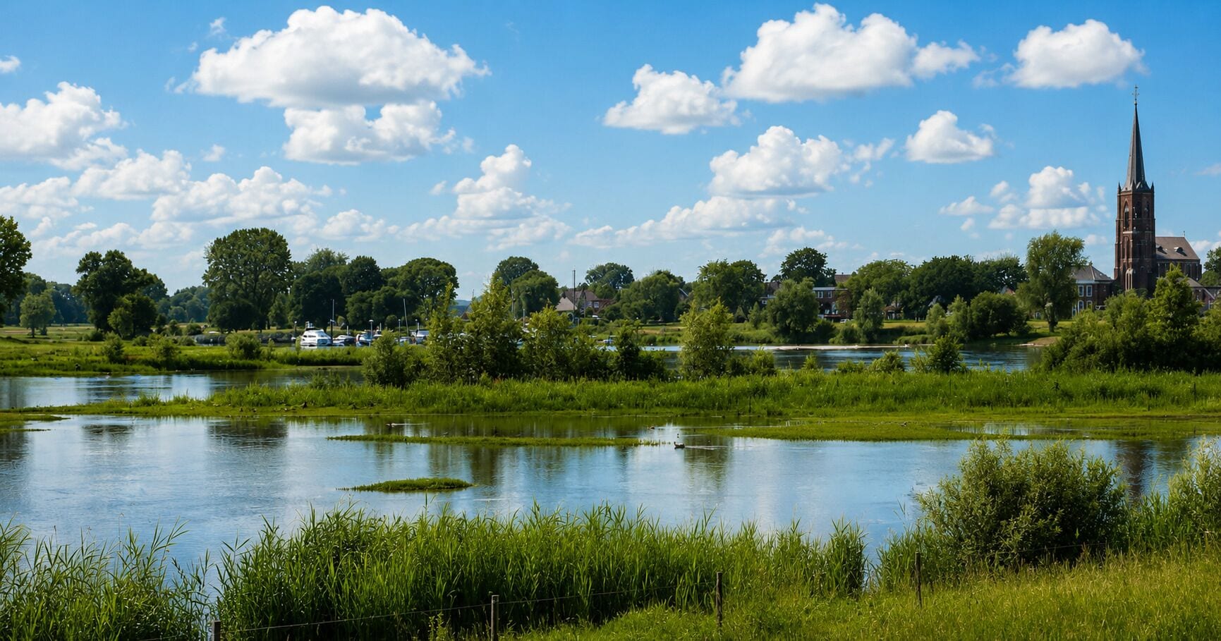 A riverside view with a church and residential buildings.