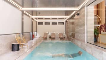 Indoor pool, outdoor pool, sun loungers