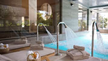 Indoor pool, outdoor pool, sun loungers