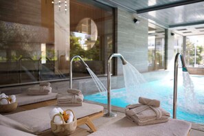 Indoor pool, outdoor pool, pool loungers