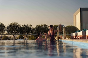 Indoor pool, outdoor pool, pool loungers