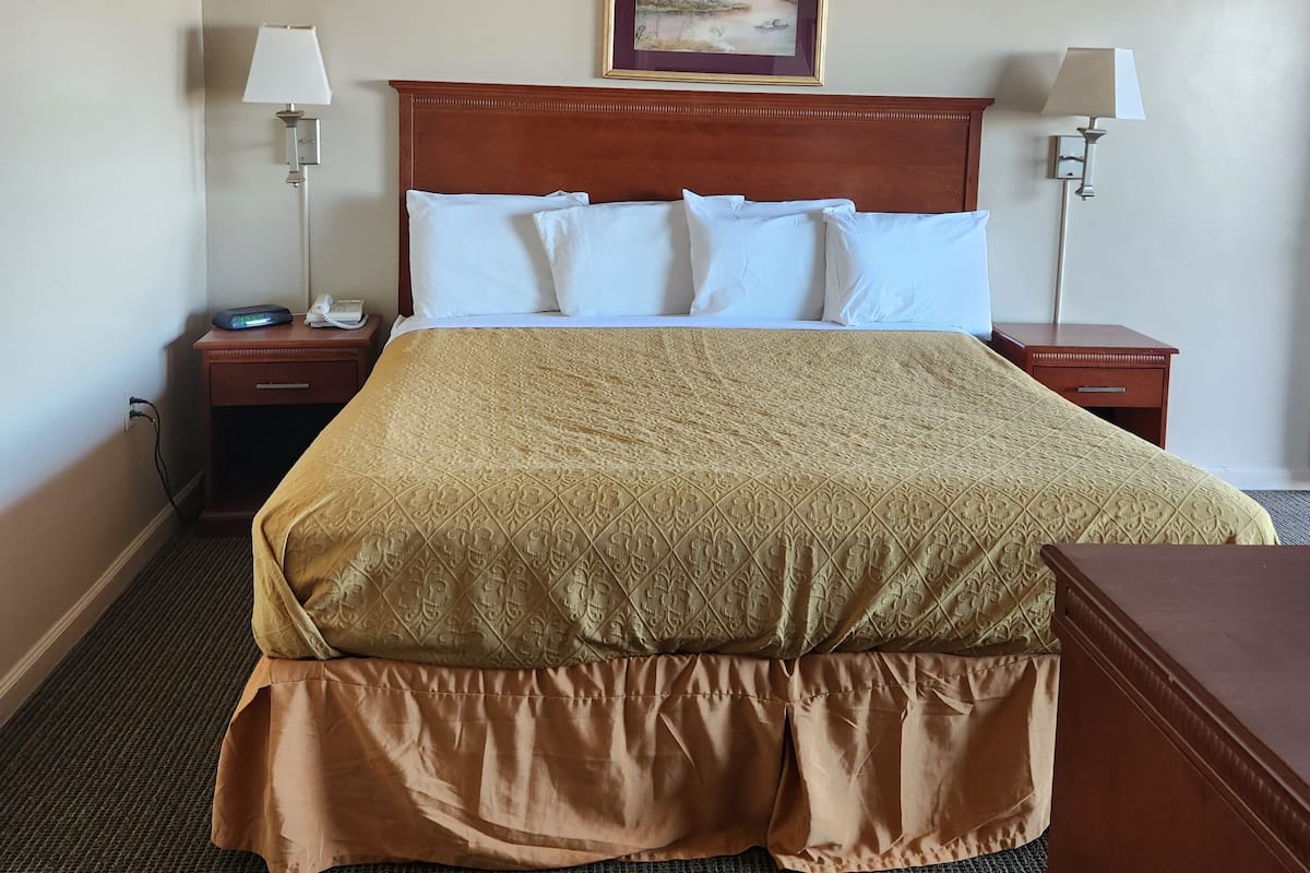A hotel room with a large bed, two bedside tables, a nightstand, a lamp, a painting on the wall, and a carpeted floor.