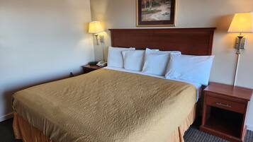 A hotel room with a large bed, two bedside tables, a nightstand, a headboard, and a framed picture on the wall.
