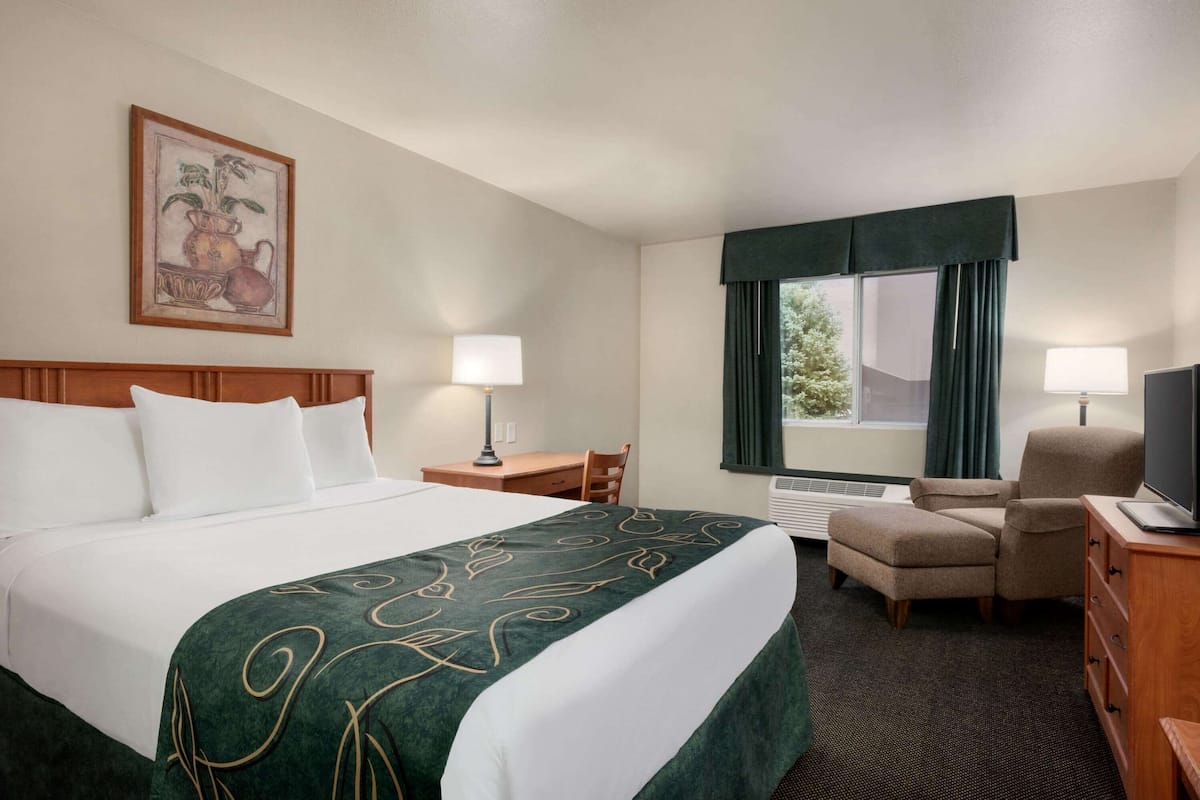 Een hotelkamer met een groot bed, een bureau, een stoel, een televisie en een raam met gordijnen.