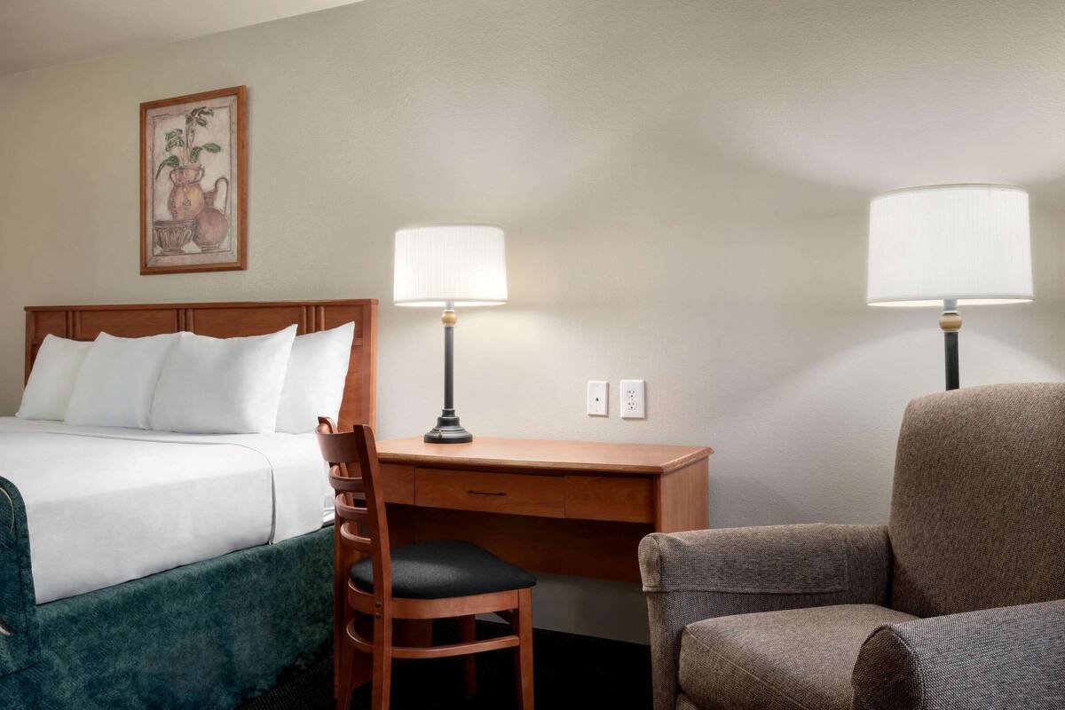 Een hotelkamer met een bed, bureau, twee stoelen en twee lampen.