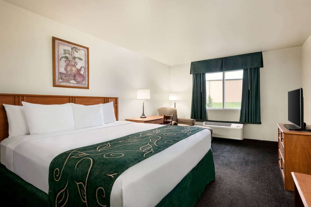 Een hotelkamer met een groot bed, een bureau, een stoel, een televisie en een raam met gordijnen.