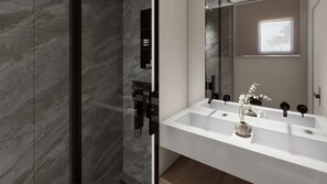 Designer toiletries, hair dryer, towels, soap