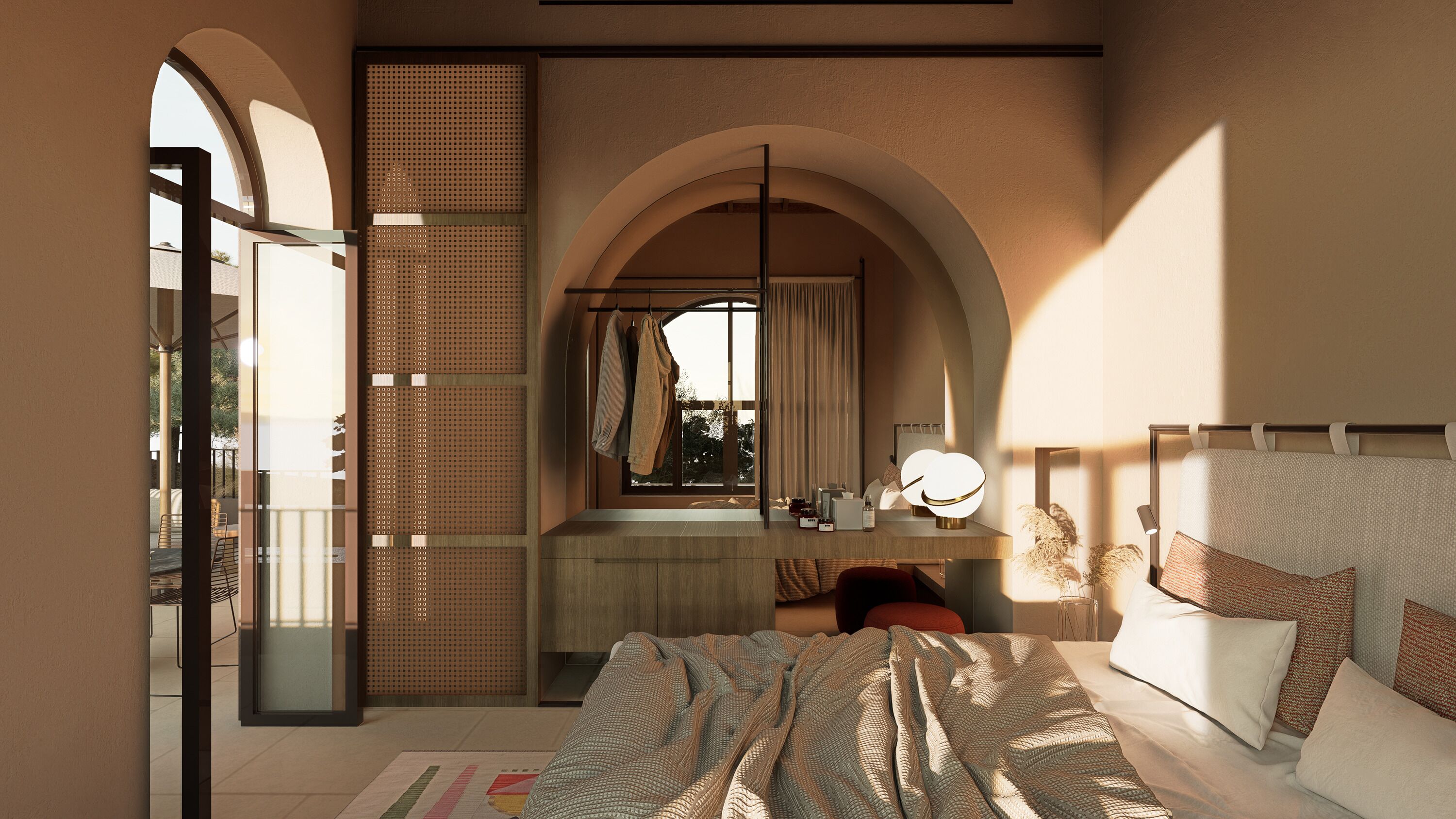 Una camera da letto con un letto grande, una toeletta con specchio, una finestra con tende e un balcone.