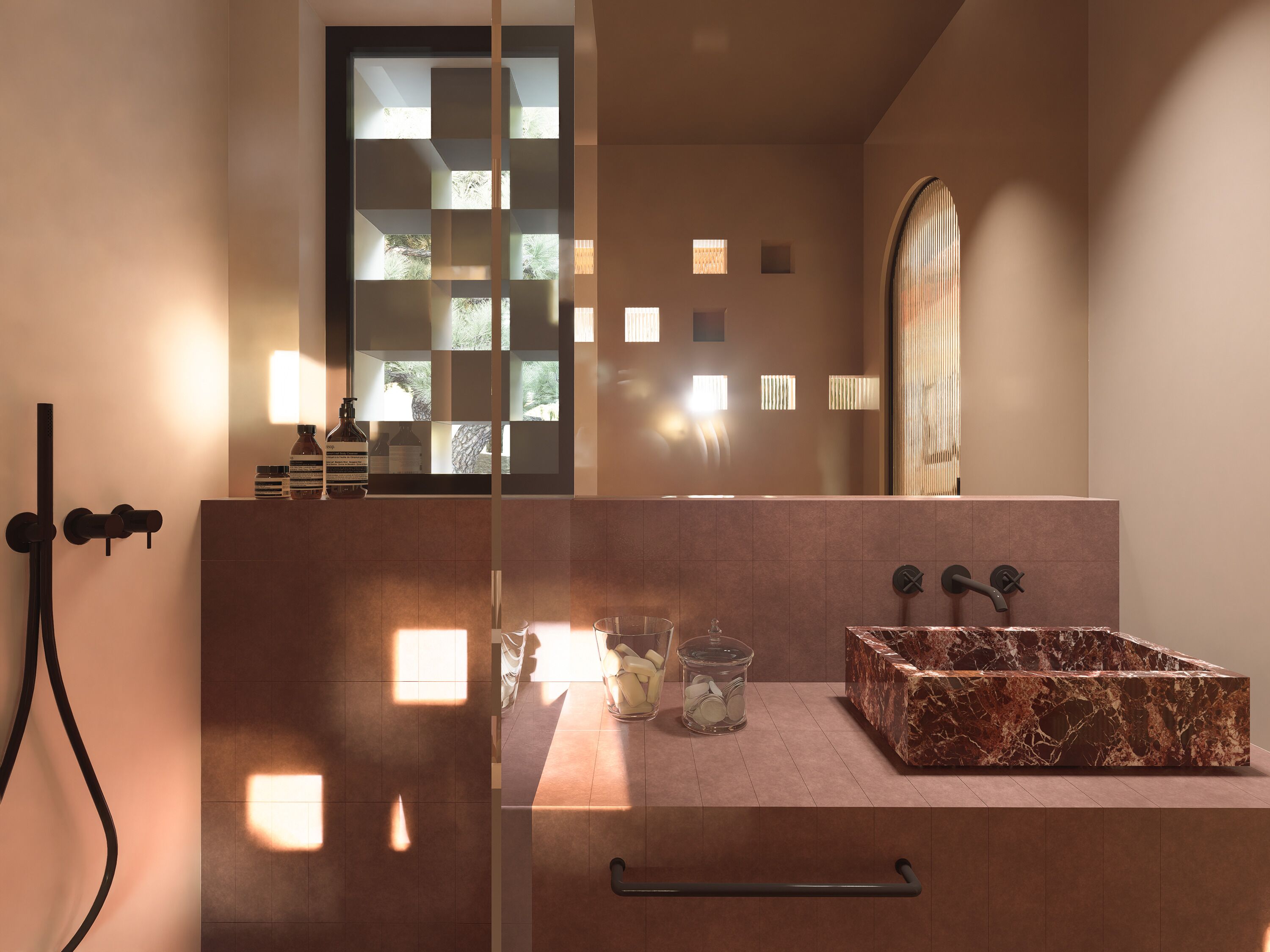 Une salle de bain moderne avec un lavabo en marbre, une douche en verre et une vue sur un jardin tropical par la fenêtre.