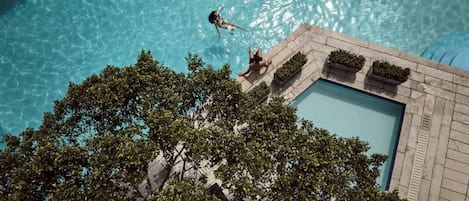 Outdoor pool, pool umbrellas, pool loungers