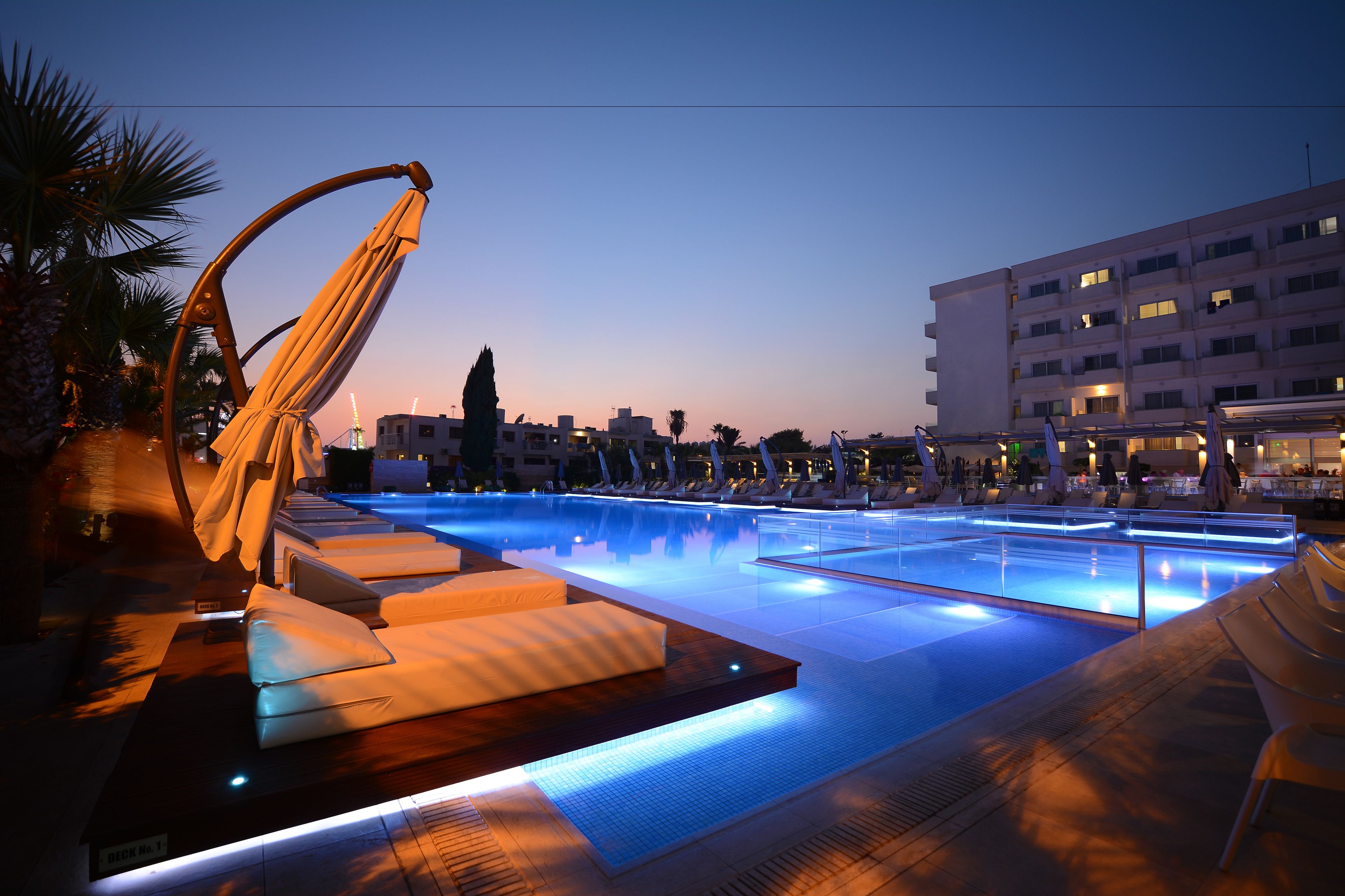 indoor pool, outdoor pool, open 9 am to 7 pm, pool umbrellas