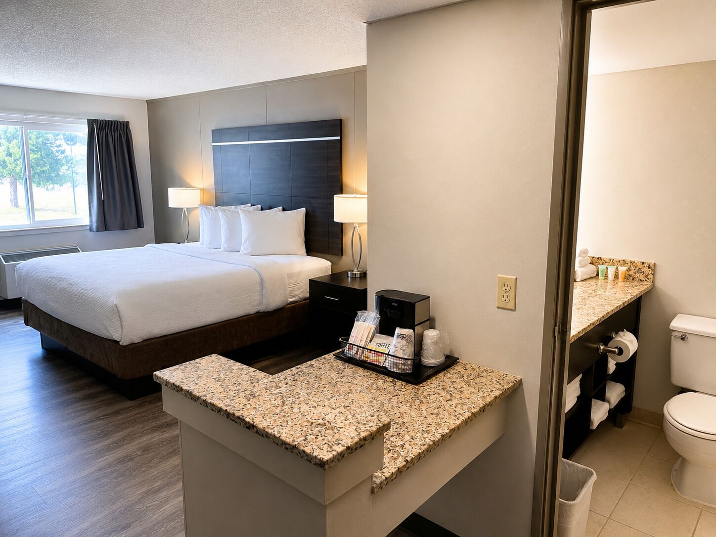 Premium bedding, down comforters, pillowtop beds, desk