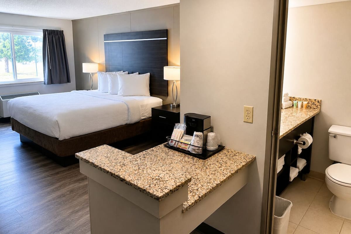 A hotel room with a bed, bedside lamps, a coffee maker, a small table with toiletries, and a bathroom with a toilet and sink.