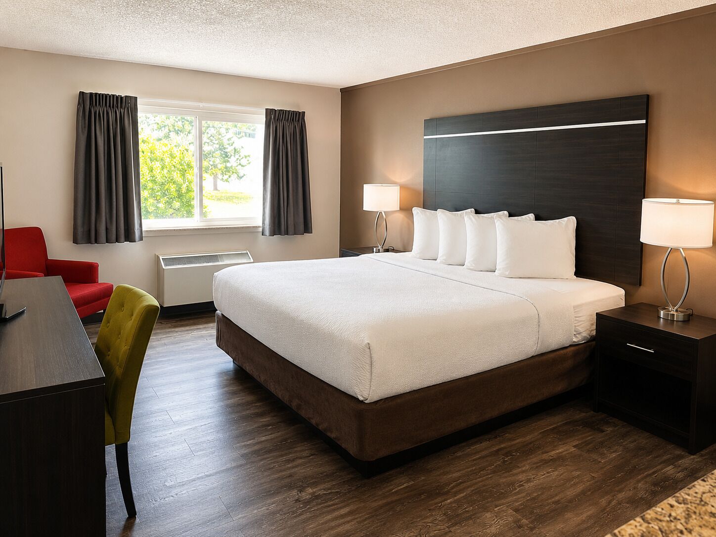 Premium bedding, down comforters, pillowtop beds, desk