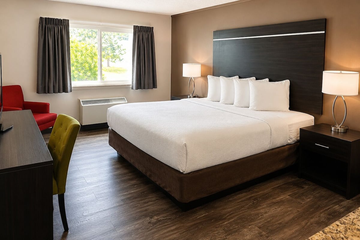 A hotel room with a large bed, bedside lamps, a desk, a chair, and a window with curtains.