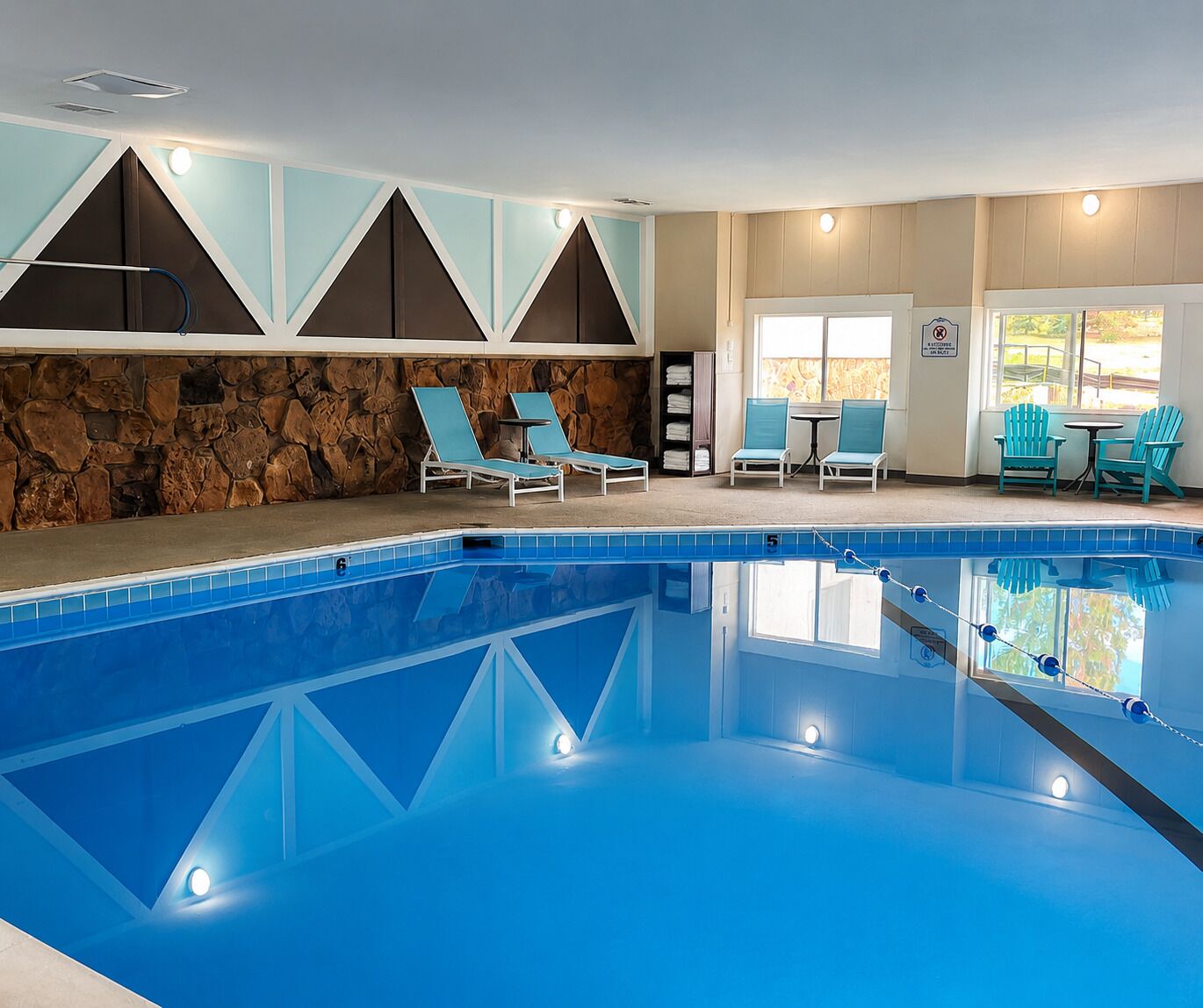 Indoor pool, open 7:00 AM to 10 PM, sun loungers