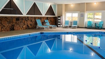 Indoor pool, open 7:00 AM to 10 PM, sun loungers
