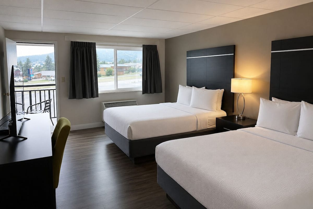 A hotel room with two beds, a desk, a chair, a TV, and a window with curtains.