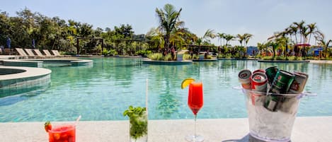 2 outdoor pools, open 9:00 AM to 8:00 PM, pool loungers