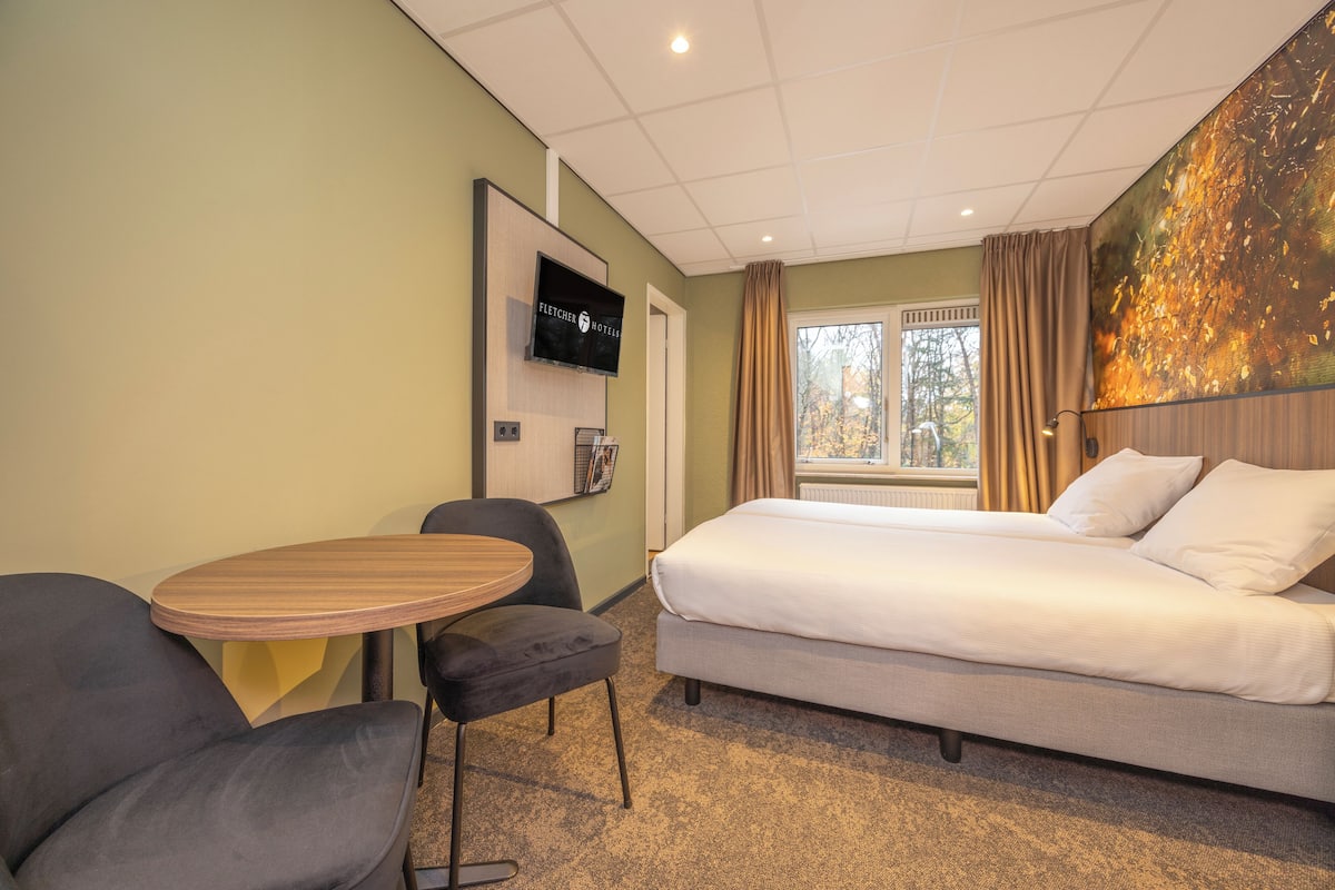 Une chambre d’hôtel équipée d’un lit, d’un bureau, d’une chaise, d’une télévision et d’une fenêtre avec des rideaux.