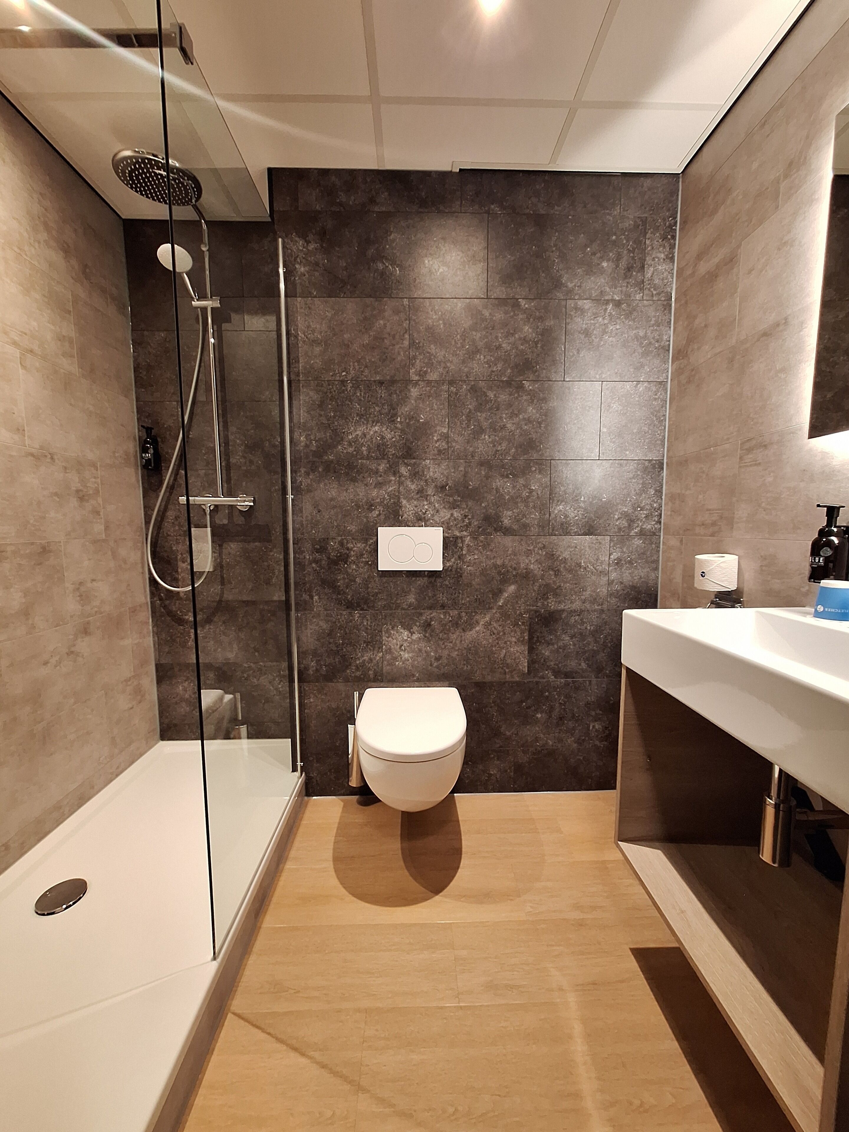 A modern bathroom with a glass-enclosed shower, a white toilet, and a wooden vanity with a sink.