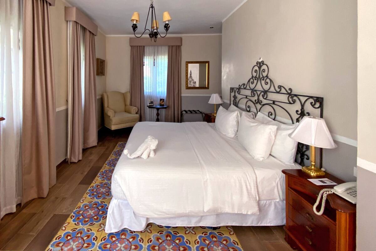 A hotel room with a bed, a television, a desk with a lamp, a chair, and a patterned rug.