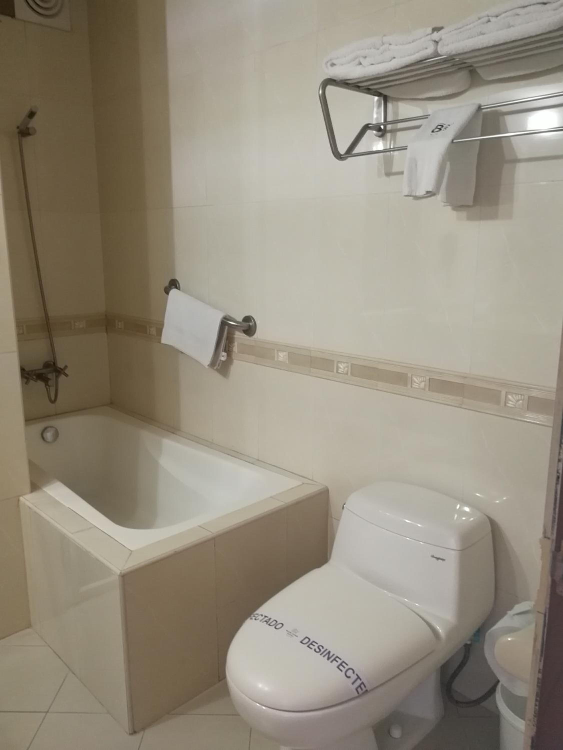 Un bagno con una vasca, un water e un porta asciugamani.