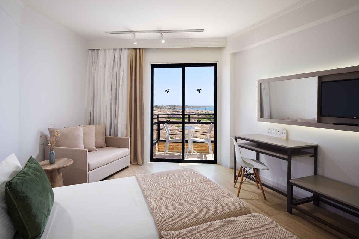 A hotel room with a bed, a desk, a chair, a sofa, a balcony with a view, and a television.