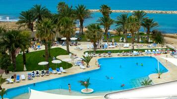 Indoor pool, outdoor pool, open 10:00 AM to 6:00 PM, pool umbrellas