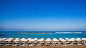 A beach with rows of white umbrellas and sun loungers facing the sea. - Venus Beach Hotel (Paphos)