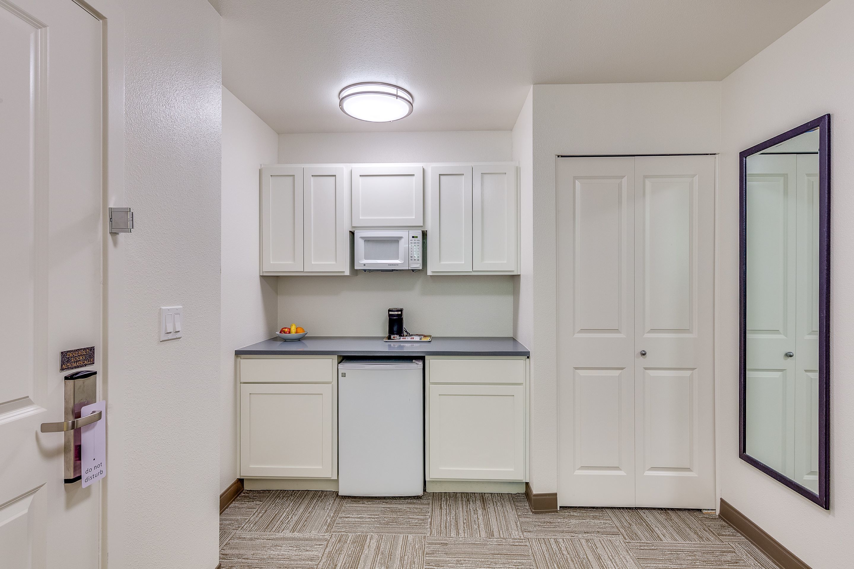 mini-fridge, microwave, coffee/tea maker, paper towels