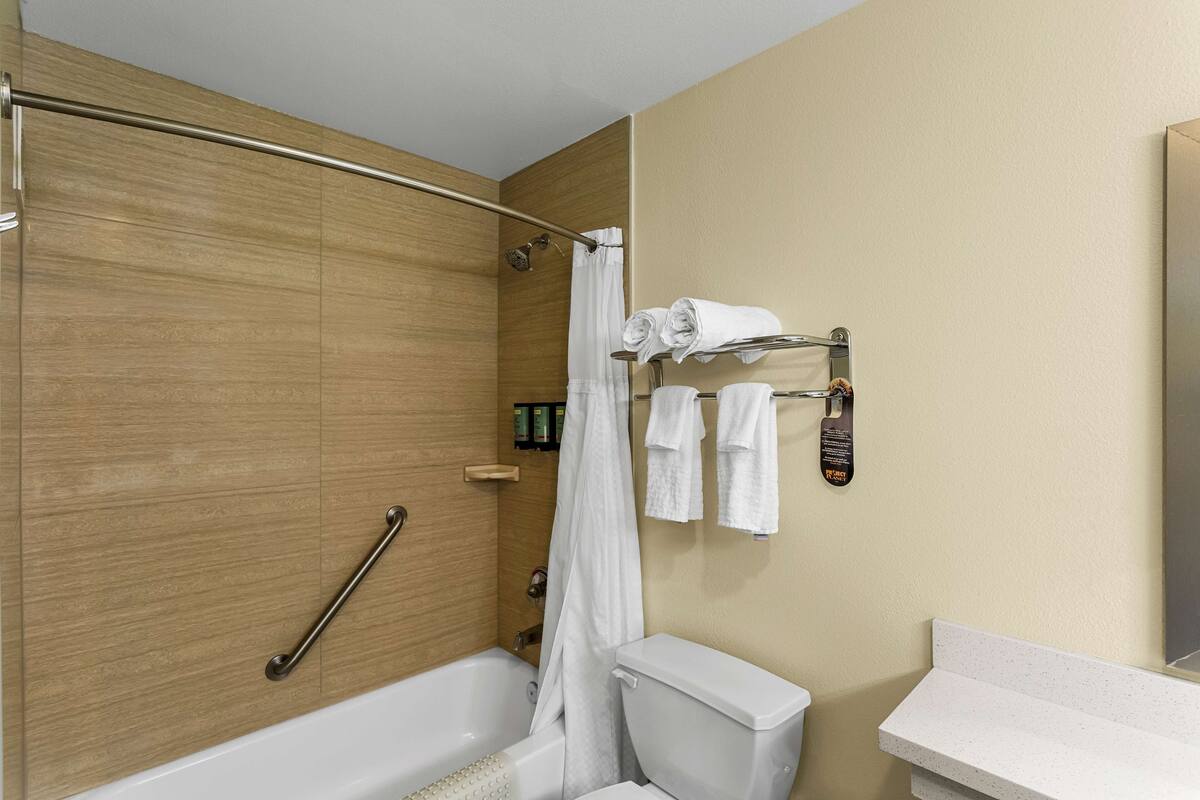 A bathroom with a bathtub, toilet, and a shower area.