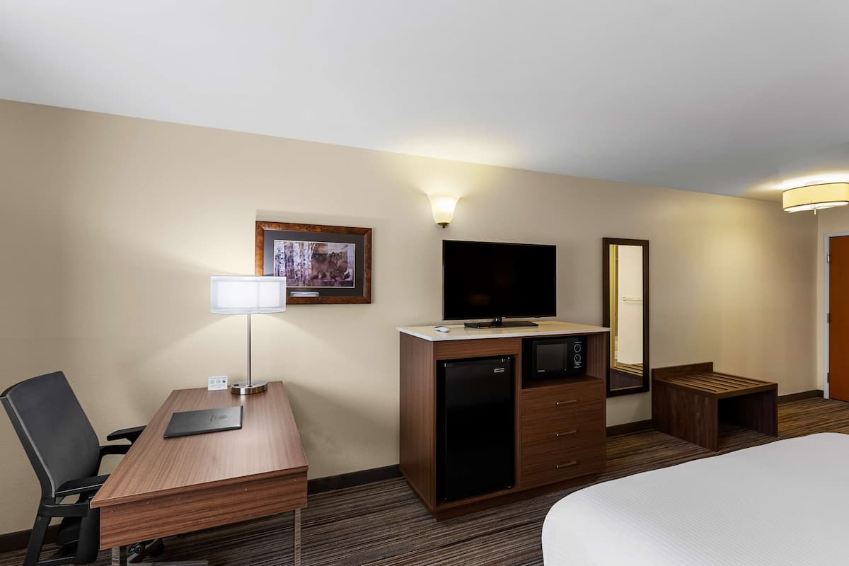 A hotel room with a wooden desk, a television, a minibar, a small seating area, and a bed.