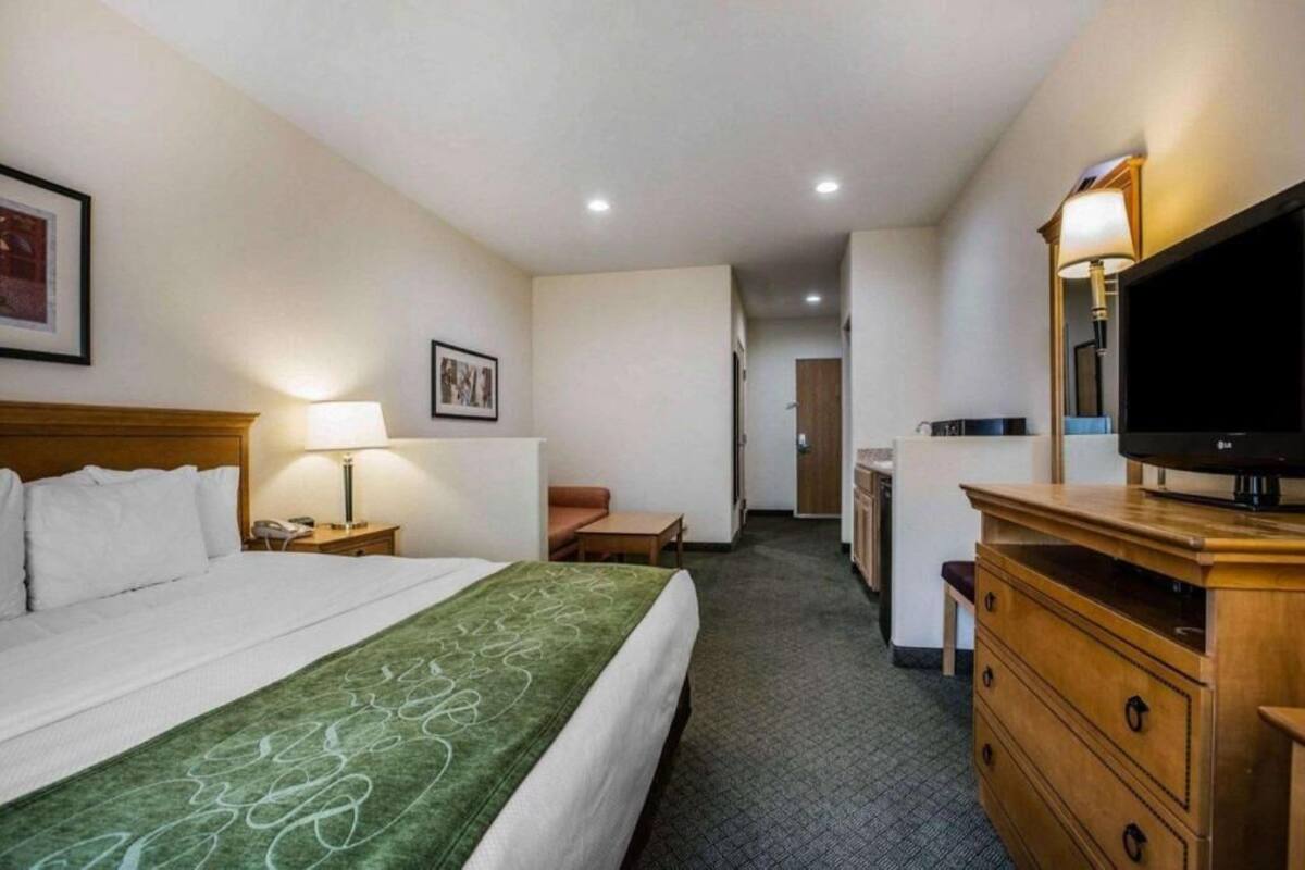 A hotel room with a bed, a TV, a dresser, a desk, and a chair.