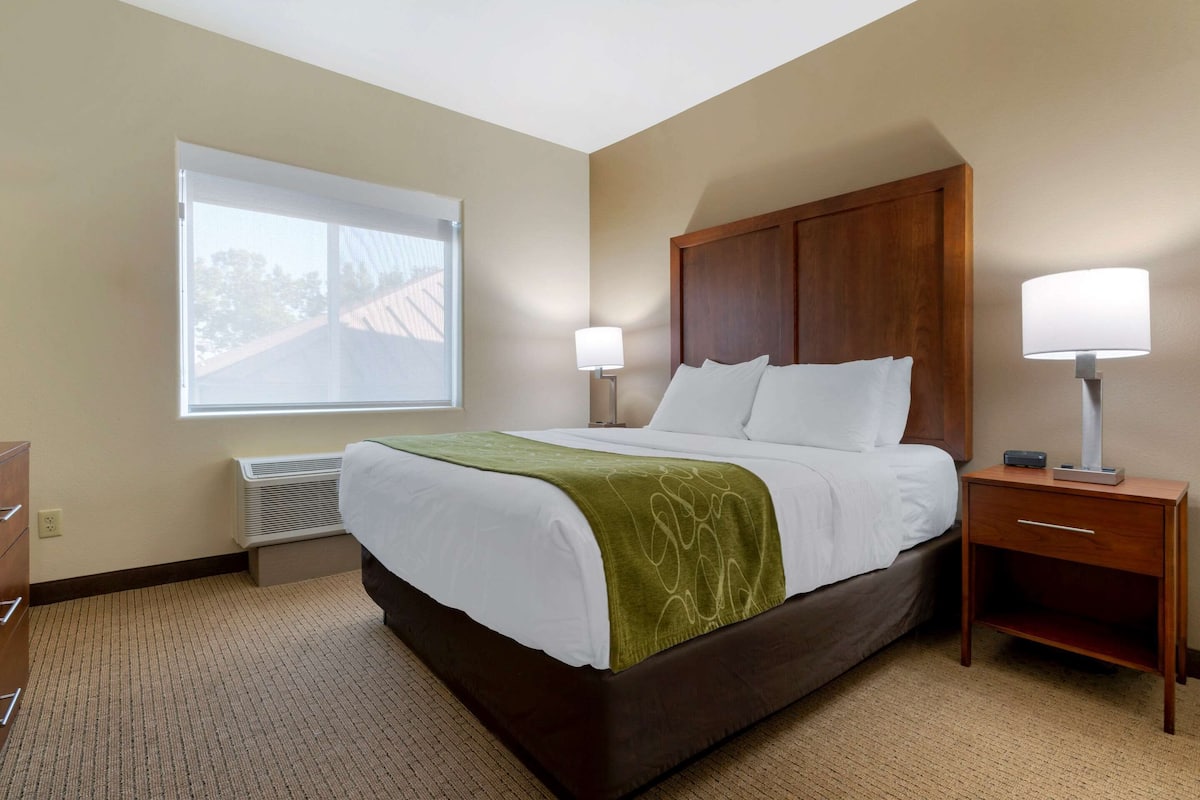 A hotel room with a large bed, two bedside lamps, a wooden nightstand, and a window with blinds.