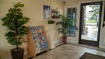 A hotel lobby with a large potted plant, a travel information board, and a door leading outside.